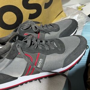 BOSS Gray Sneaker with Red Stripes and White Heel
